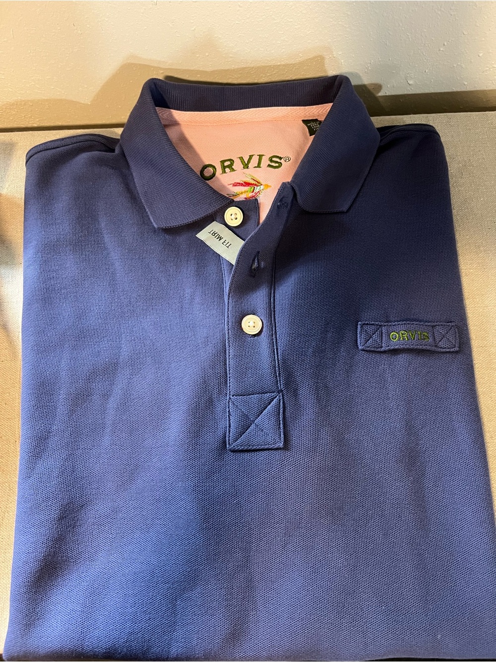 Orvis Polo Shirt in Navy with Pink Trim size L